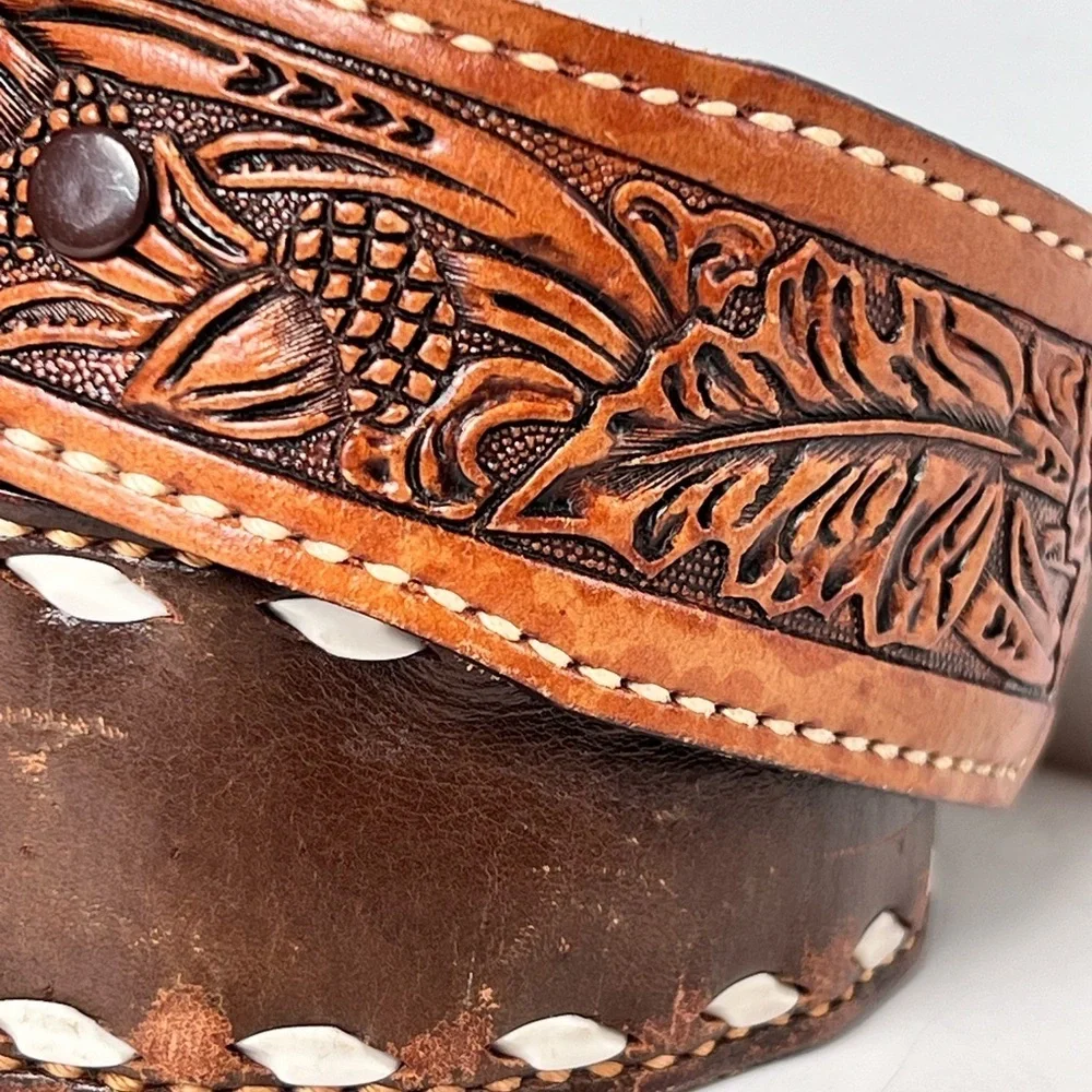 Vintage Brown Leather Tooled Western Style Leather Belt Unisex Casual